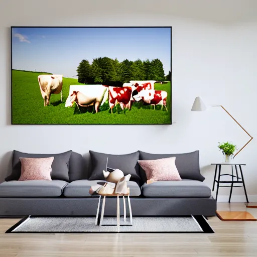 Image similar to interior view of modern futuristic farm barn architecture and interior design showing cows laying down on sofas and pigs and chickens sitting in lounge chairs, wall art, throw pillows, areas rugs, feed troughs, hay, detailed luminescent oil painting 4 k