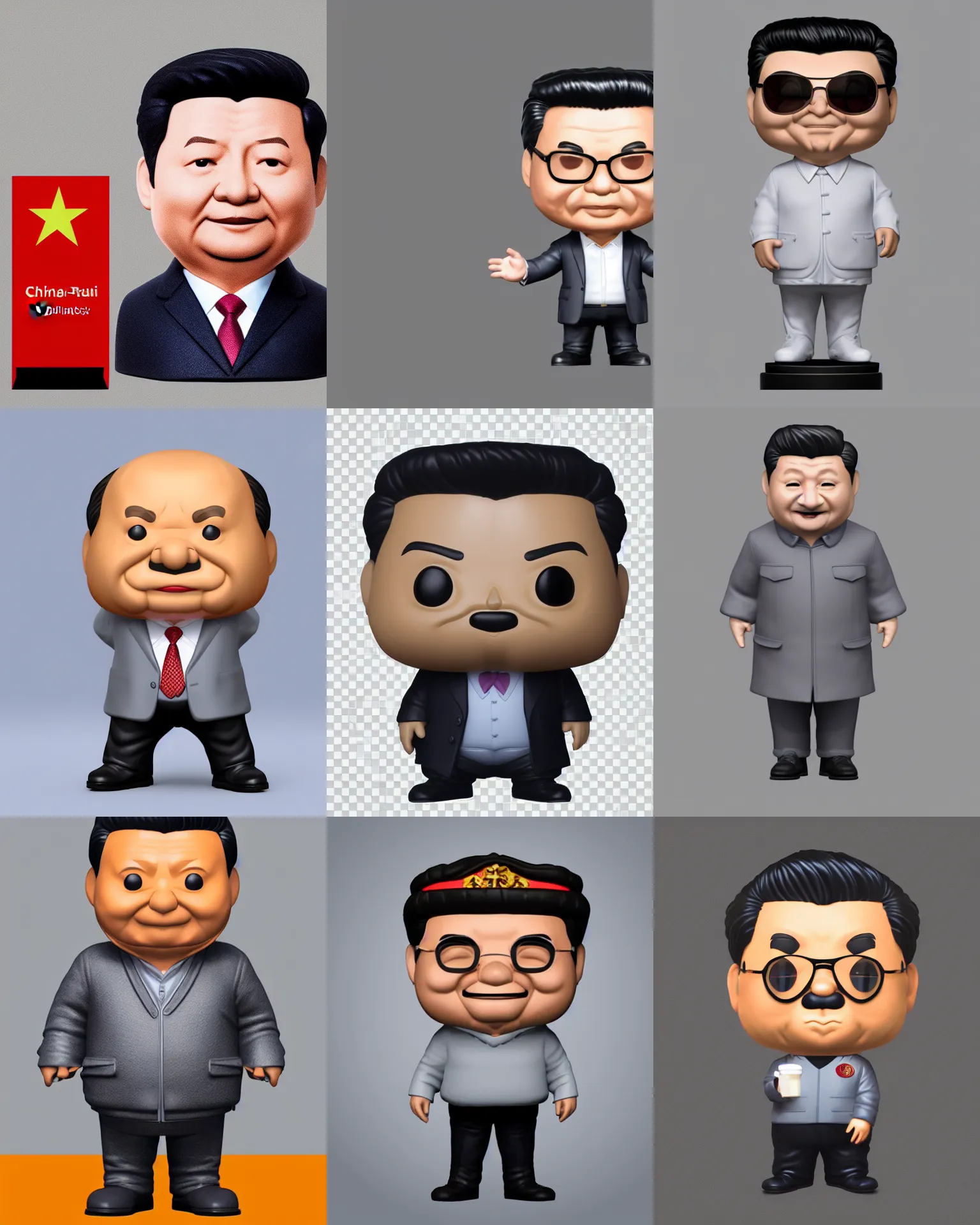 Prompt: full body 3d render of Chinese President Xi jinping as a funko pop!, studio lighting, grey background, single person, no shadow, blender, trending on artstation, 8k, highly detailed