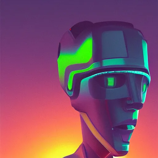 Image similar to a woman walking across a lush green field, a huge robot head in front of her, cyberpunk art by by james gilleard, cgsociety, retrofuturism, synthwave, retrowave, outrun