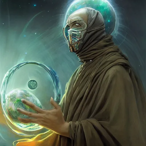 Image similar to creator of worlds wearing a cloak, masked, and holding a holographic planet projection in his hand, detailed, sci - fi, digital painting, artstation, sharp focus, illustration, ominous, artgerm, tomasz alen kopera, peter mohrbacher, donato giancola, joseph christian leyendecker, wlop, frank frazetta