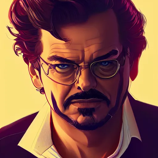 Prompt: Jack Nicholson as Tony Stark, ambient lighting, 4k, alphonse mucha, lois van baarle, ilya kuvshinov, rossdraws, artstation