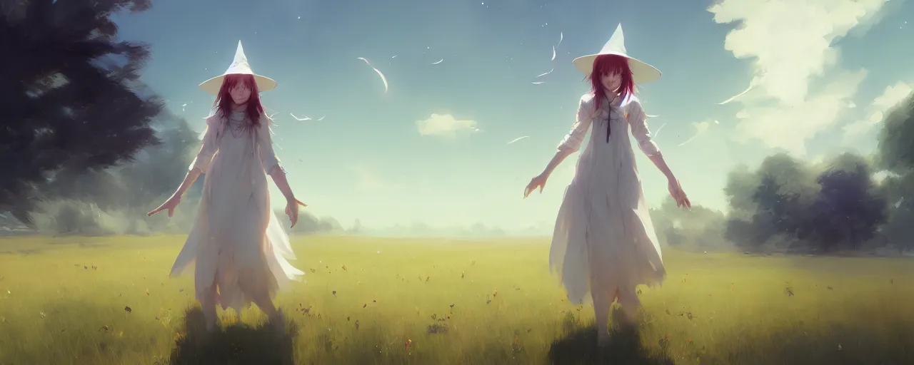 Image similar to white girl witch in the middle of a field, illustration, digital painting, concept art, trending on artstation, pixiv, art by ruan jia and makoto shinkai