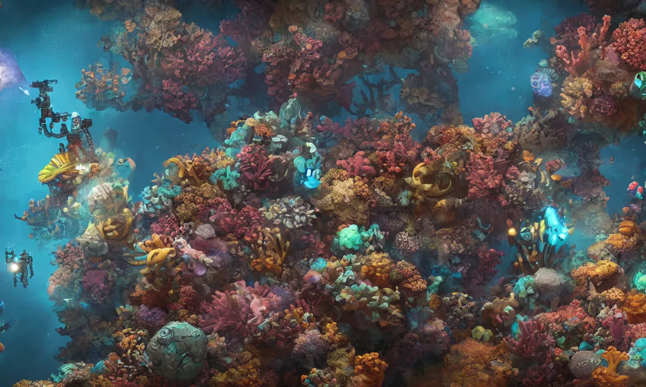 Prompt: insanely epic dieselpunk underwater explorer, covered in vibrant corals, octane 3 d, octane render, unreal engine, volumetric lighting, artstation, highly detailed, sharp focus, dieselpunk colors, bioluminiscent details