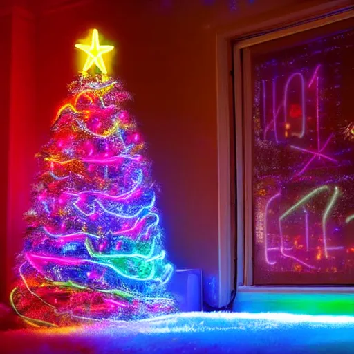 Image similar to a christmas tree made out of neon lights in a dark room, hyperrealistic photograph