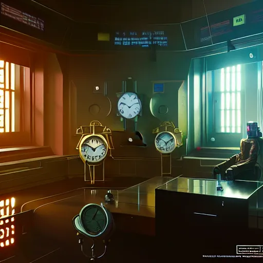 Image similar to clocks in the main office of the time saving bank, cyber punk, retro machinery, futuristic hi-tech details, art by anthony macbain + greg rutkowski + jean giraud, concept art, 4k, sharp focus, cinematic render unreal engine