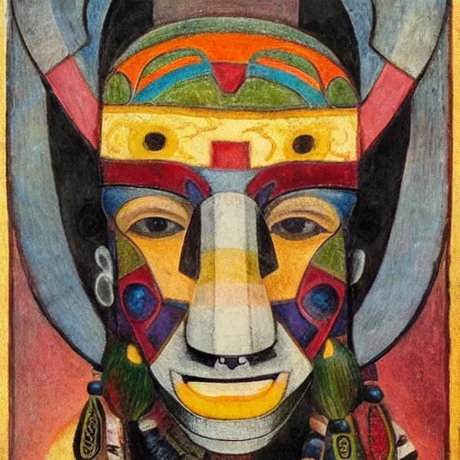 Image similar to head of a beautiful machine shaman wearing a mask made of enamelled flowers, by annie swynnerton and jean delville and john watkiss and rufino tamayo and diego rivera, art deco shaman, stylized geometric flowers, art brut, symbolist, dramatic lighting, god rays, clean crisp graphics, smooth sharp focus, extremely detailed, adolf wolfli