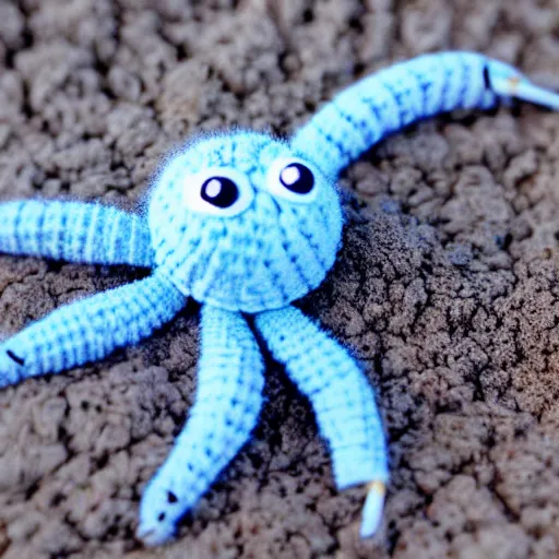 Prompt: cute fluffy light blue color spider crochet doll standing on sand, hyperrealistic photograph, highly detailed, tactile, 8k, close up, macro