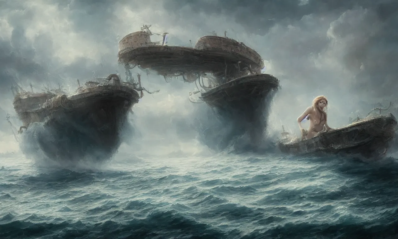 Image similar to breathtaking detailed soft painting of an empty drunk ship with mystical horrors, bathing in dreaming lactescent sea, alcohol with blue delirium skies, water drowned hurrican, elegant, highly detailed, artstation, concept art, matte, sharp focus, art by tom bagshaw, and greg rutkowski