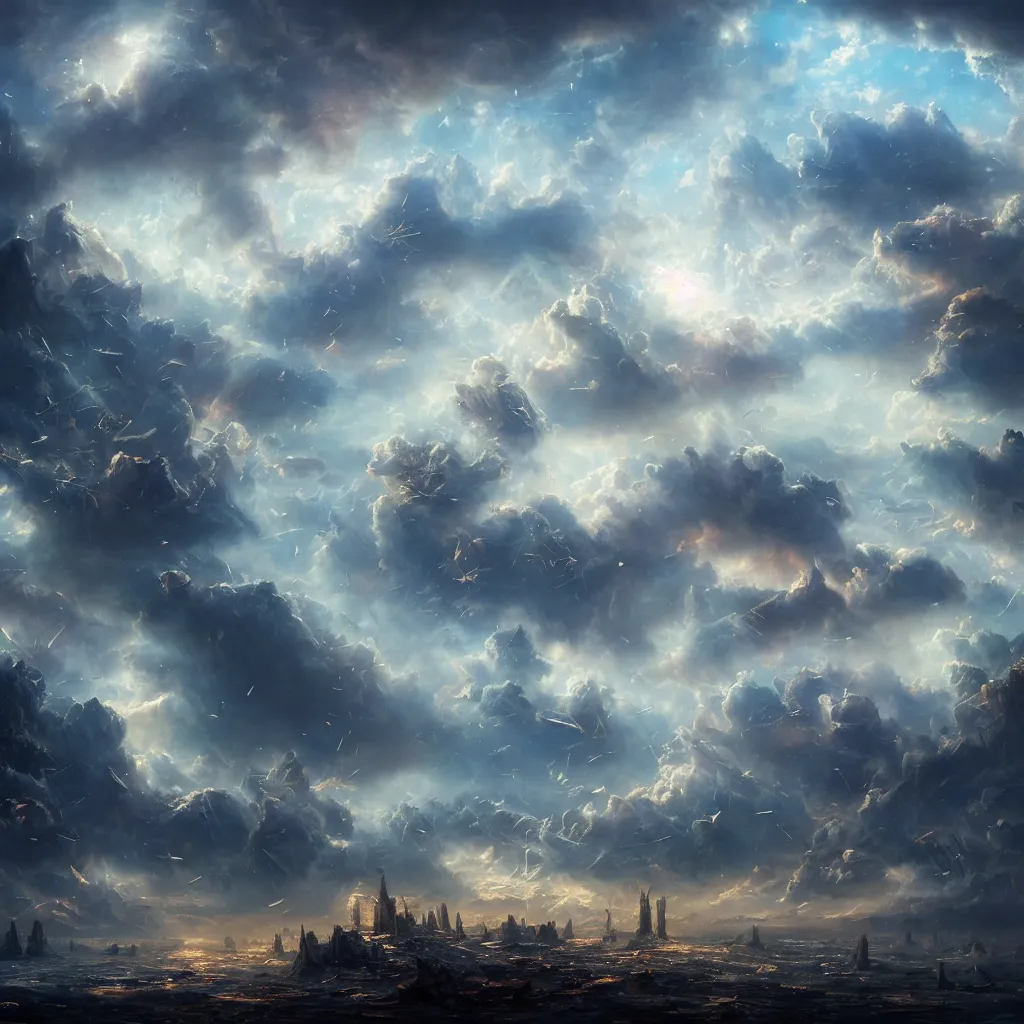 Prompt: a surreal dreamlike scene of the sky shattering like glass, broken glass shards in the sky, extravagant matte painting, highly detailed oil painting, 8k, devastatingly beautiful atmosphere, elegant cinematic fantasy art, overwhelming depth and detail, magic, vibrant colors, intricate masterpiece