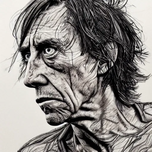 Image similar to a realistic yet scraggly portrait sketch of the side profile of a stern and sophisticated iggy pop, trending on artstation, intricate details, in the style of frank auerbach, in the style of sergio aragones, in the style of martin ansin, in the style of david aja, in the style of mattias adolfsson