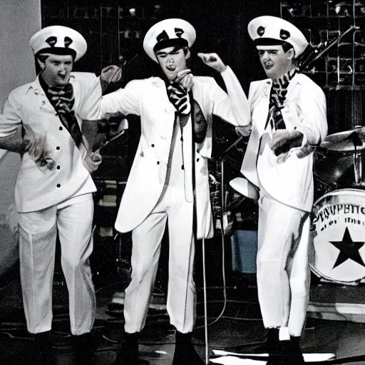 Prompt: 1 9 6 0 s photograph of a group of 4 white males performing rock music live on tv, dressed in peppermint themed sailor outfits with wide brim hats, tv studio