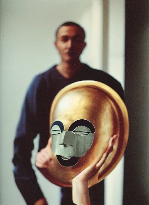 Image similar to a fashion portrait photograph of a man wearing a round metal mask designed by joseph albers, 3 5 mm, color film camera, pentax