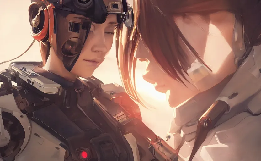 Image similar to zero pilot girl, cyborg aircraft parts, anime style, military pilot clothing, shoulder eyes, hair down, symmetrical facial features, from arknights, hyper realistic, 4 k, rule of thirds, extreme detail, detailed drawing, trending artstation, realistic lighting, by alphonse mucha, greg rutkowski, backlit