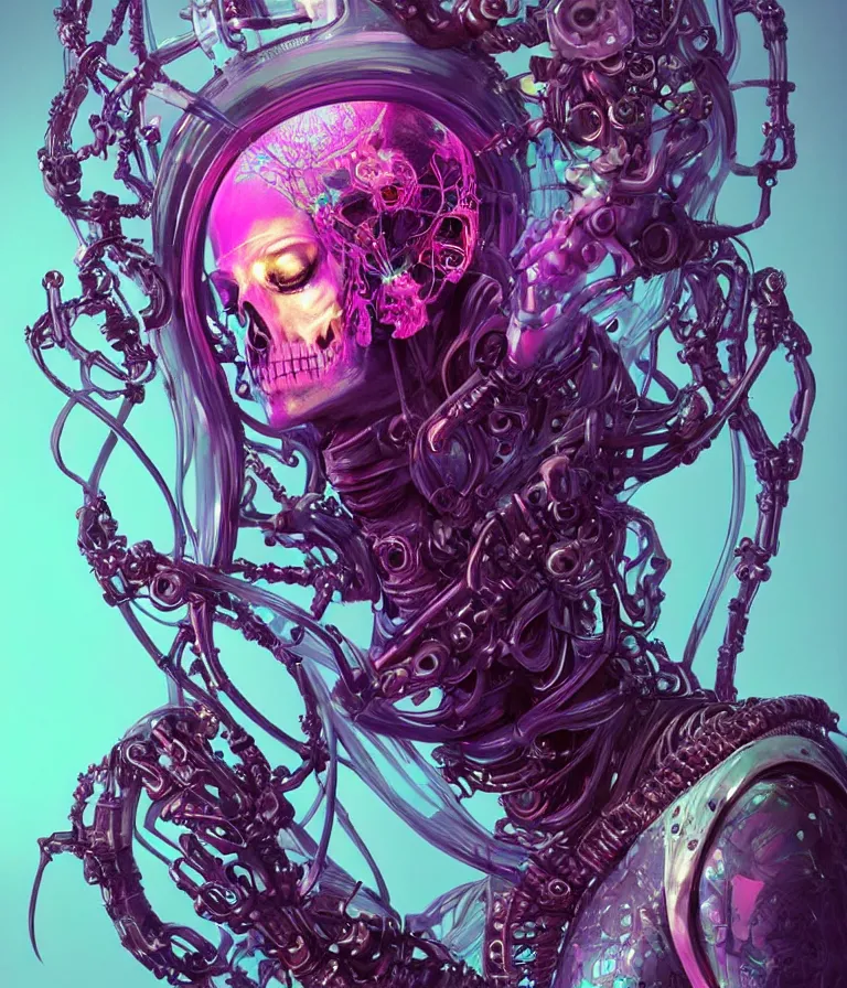 Prompt: fully symmetrical centered iridescent portrait of a beautiful princess of death in robe. skulls artificial muscles, ribcage, bones, hard surface modelling. cyberpunk look. biomechanical mask. bio luminescent biomechanical halo around head. neon jellyfish. artwork by jarold Sng by artgerm, by Eddie Mendoza, by Peter mohrbacher by tooth wu, unreal engine, octane render, cinematic light, high details, iridescent colors, dichroic, macro, depth of field, blur