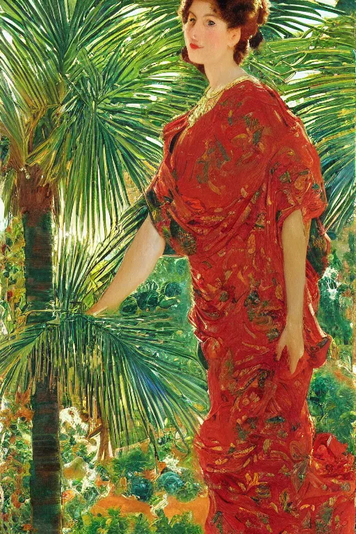 Image similar to a girl with arabesque red and green and golden detailed scarf set on a detailed persian carpet, tree palms in background, painting by john singer sargent