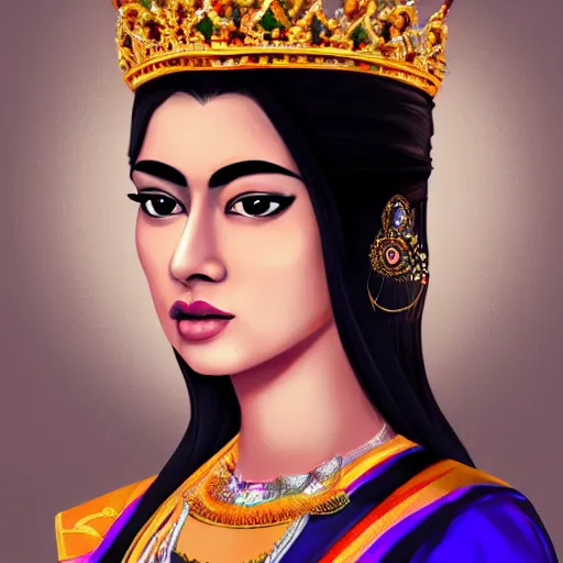 Image similar to painterly portrait of a beautiful asian indian queen mixed with british royal garb trending on artstation