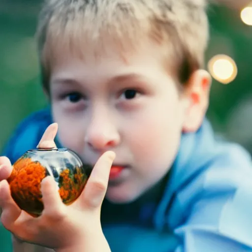 Image similar to closeup portrait of beautiful kid looking through a aquarium fish ball, the kid is in a tent with a lantern, excitement, surprise, happiness, professional photoshoot, kodak portra, photographed in film, soft and detailed, realistic, bokeh