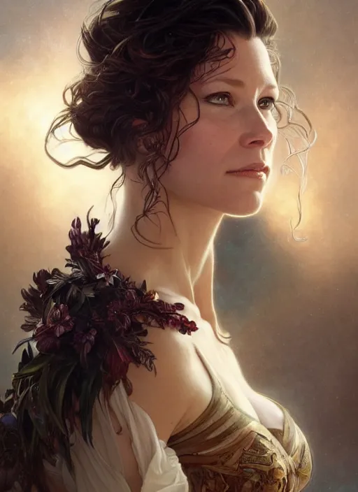 Image similar to beautiful portrait of evangeline lilly, by magali villeneuve and greg rutkowski and artgerm and alphonse mucha, intricate, elegant, highly detailed, photorealistic, trending on artstation, trending on cgsociety, 8 k, sharp focus