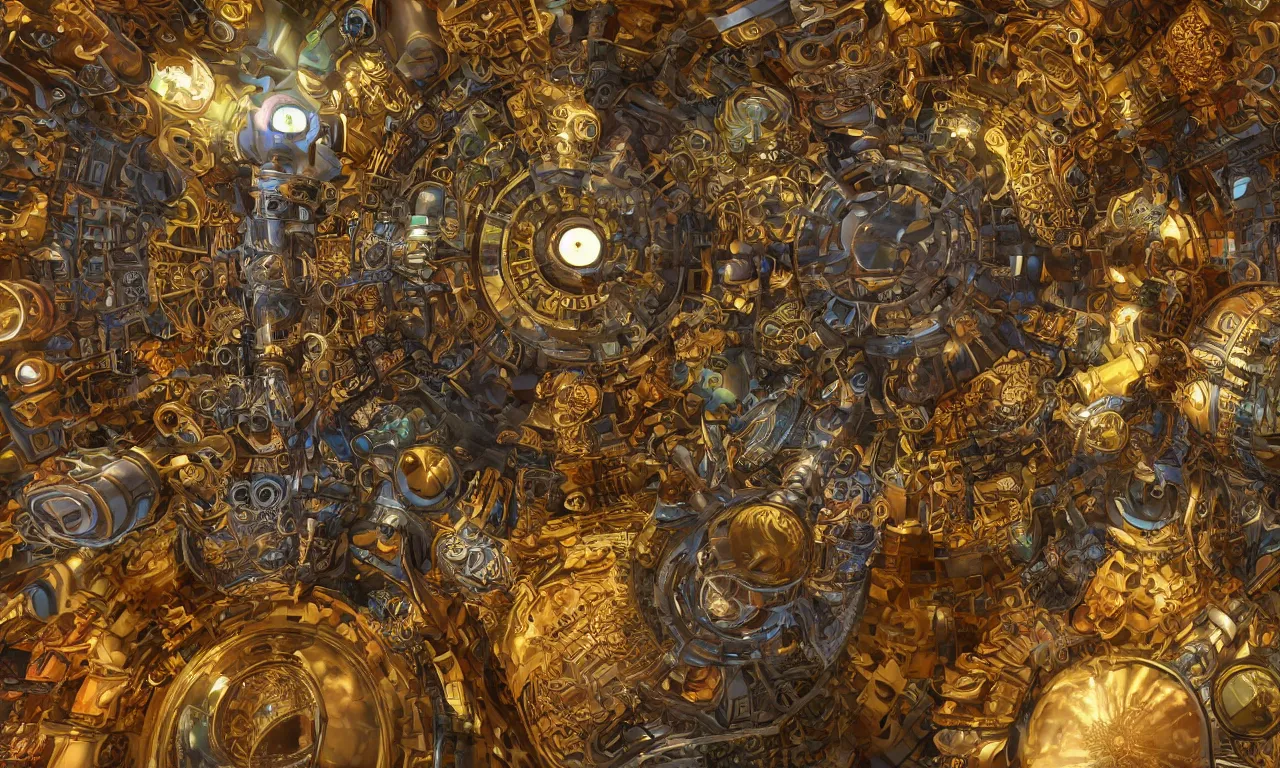 Image similar to steampunk engine laboratory 3 d volume kaleidoscope fractal voronoi metal chakra digital multicolor stylized concept substance natural color scheme, global illumination ray tracing hdr fanart arstation by sung choi and eric pfeiffer and gabriel garza and casper konefal