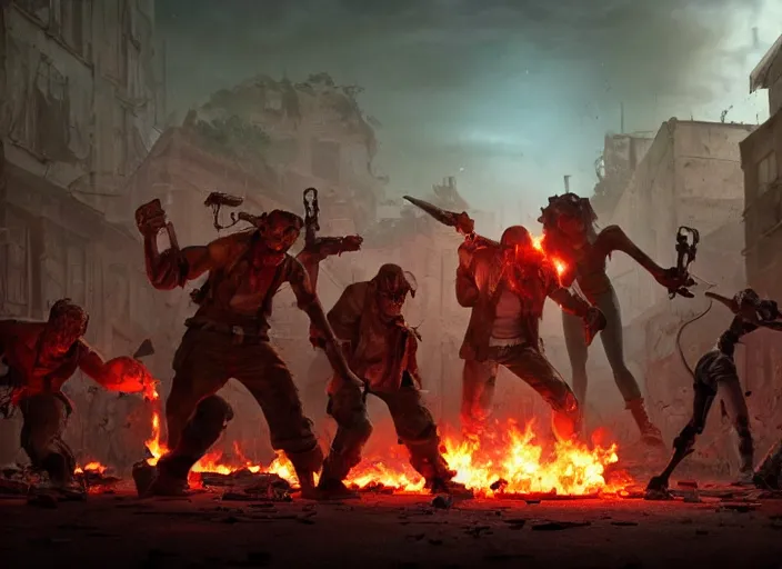 Image similar to a battle in the ruined streets at night between 3 d pixar disney zombies and 3 d heroic survivor in the style of pixar walkind dead, being lit by fireflames, medium shot, studio ghibli, pixar and disney animation, sharp, rendered in unreal engine 5, anime key art by greg rutkowski, bloom, dramatic lighting