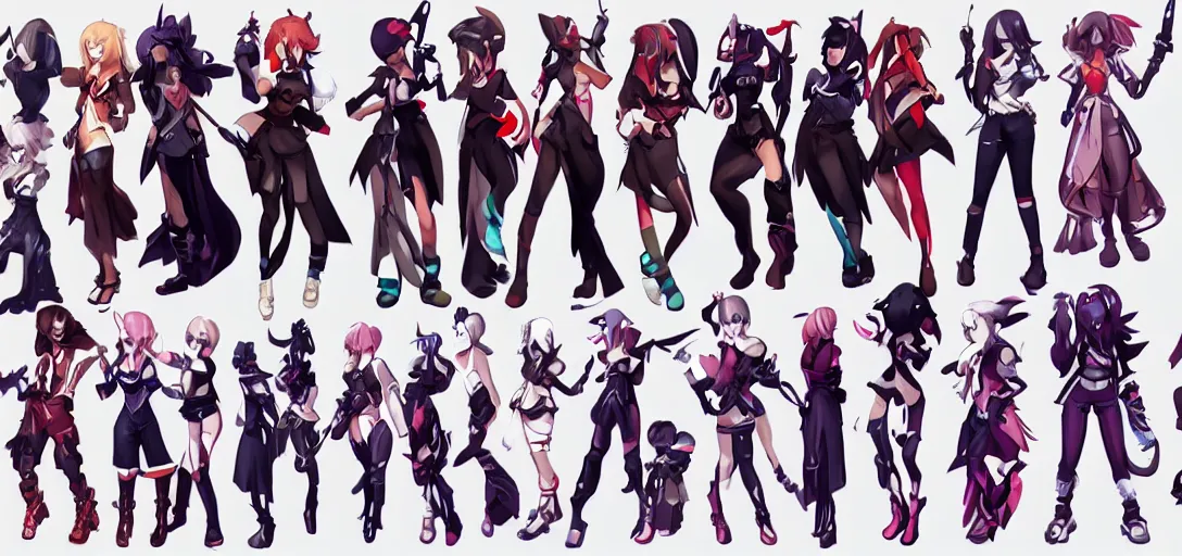 Prompt: character sheet concept art of female video game characters, disgaea, unique silhouettes, cute casual streetwear, by marc brunet and artgerm