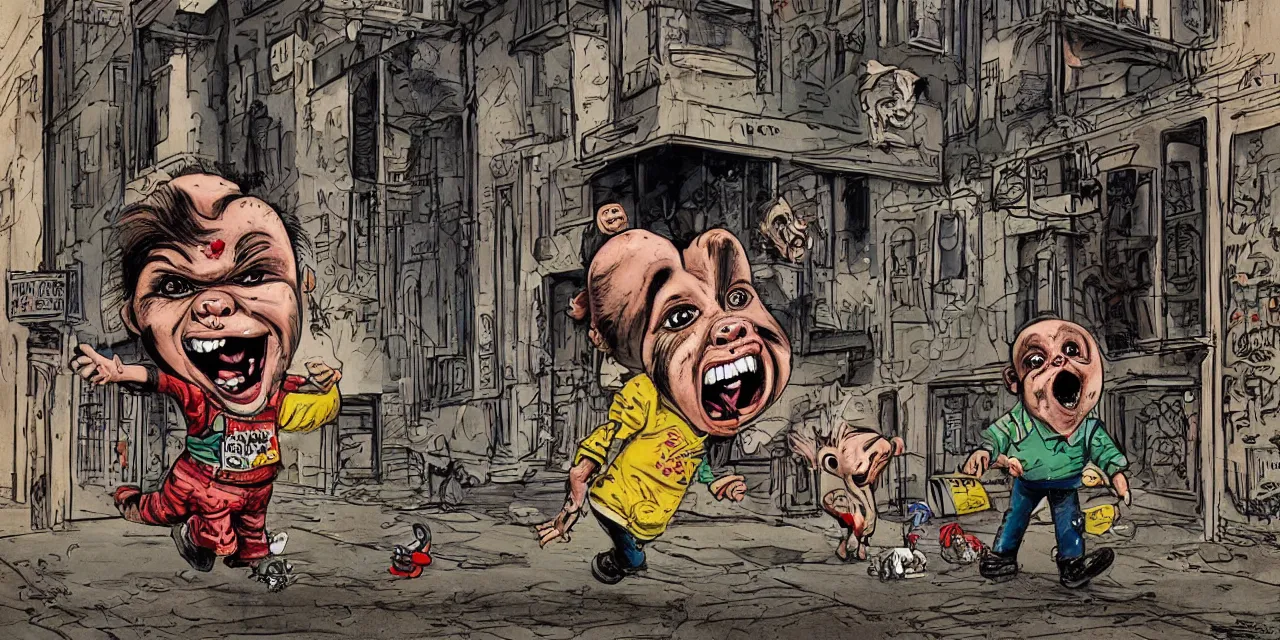 Prompt: a dog walking a screaming chucky doll on a inner city urban street set in the late 2 1 2 2 one hundred years of agi, caricature styling by jack davis