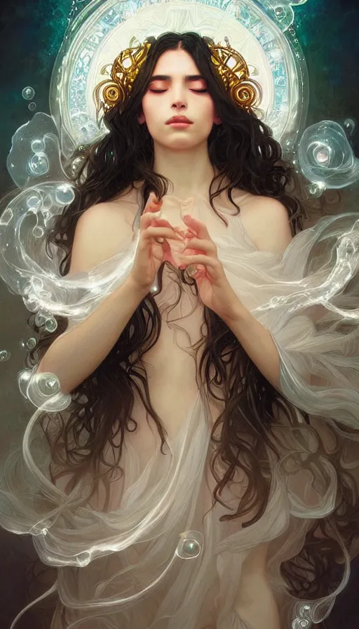 Prompt: portrait of magical wizard, dreamy and ethereal, Black eyes, peaceful expression, ornate frilly robes, fantasy, intricate, elegant, rainbow bubbles and lightning,highly detailed, digital painting, artstation, concept art, smooth, sharp focus, illustration, art by artgerm and greg rutkowski and alphonse mucha