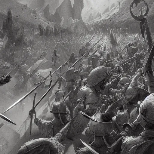 Image similar to close up of biggest sword fight ever, pencil sketch, realistic shaded, fine details, realistic shaded lighting poster by greg rutkowski