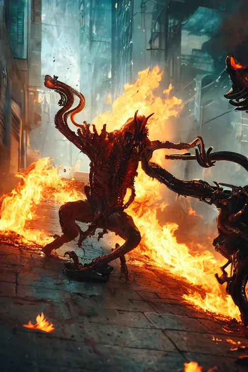 Image similar to The Ghost Rider fights a fire-breathing xenomorph in the back alley of a cyberpunk city, burning trash flies through the air, splattered blood. Realistic, octane render, trending on ArtStation.