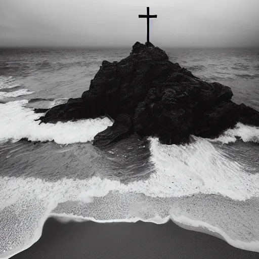 Image similar to a highly detailed black and white matte painting of a large cross standing on the beach as a storm comes in with the tide, woman sitting in the sand watching the ocean, epic fantasy, god rays, rocky beach, ultrawide lense, aerial photography, unreal engine, exquisite detail, 8 k, art by albert bierstadt and greg rutkowski and alphonse mucha