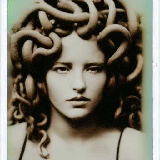 Prompt: a very beautiful old polaroid picture of medusa, award winning photography