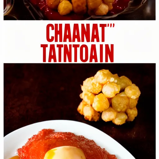 Image similar to food photo of channing tatum's face on top of giant tater tot on a plate with ketchup