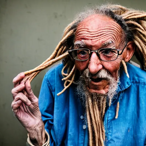 Image similar to elderly man with spaghetti dreadlocks, canon eos r 3, f / 1. 4, iso 2 0 0, 1 / 1 6 0 s, 8 k, raw, unedited, symmetrical balance, wide angle