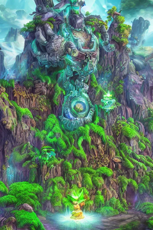 Image similar to zelda fantasy art giant golem elemental wood rock greeble gemstone enchanted forest troll, global illumination ray tracing hdr fanart arstation by sung choi and eric pfeiffer and gabriel garza and casper konefal bastion forged hardmesh lisa frank zbrush central radiating a glowing aura global illumination ray tracing hdr volume light