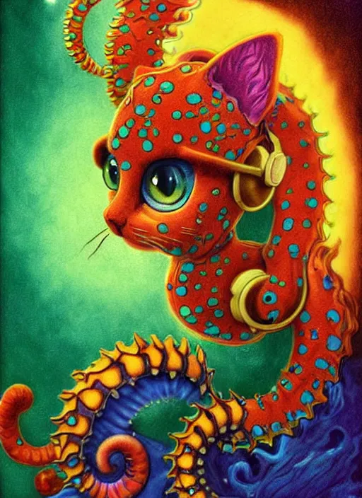 Prompt: cat seahorse fursona wearing headphones, autistic bisexual graphic designer, long haired attractive androgynous coherent detailed character design, weirdcore voidpunk digital art by delphin enjolras, leonetto cappiello, louis wain, furaffinity, cgsociety, trending on deviantart