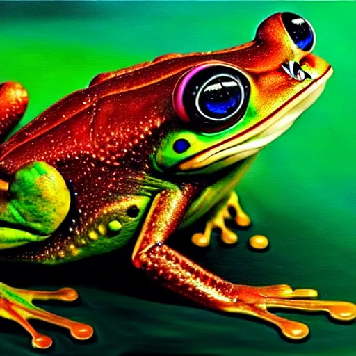 Prompt: the cyborg frog in the astral realm sacred journey in oil painting, trending on artstation, award winning, emotional, highly detailed surrealist art
