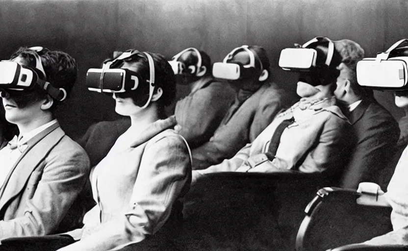 Image similar to 1 9 0 0 s photo of people wearing virtual reality headsets vr in a movie theater masterpiece