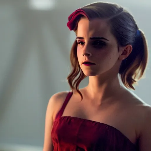 Image similar to Emma Watson as Jinx ,Arcane, cinematic, Wide-shot, atmospheric lighting, directed by Quentin Tarantino, movie still