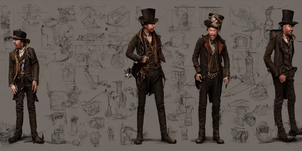 Image similar to steampunk Tom Waits design, character sheet, 3d render, Greg Rutkowski, Zabrocki, Karlkka, Jayison Devadas, Phuoc Quan, trending on Artstation, 8K, ultra wide angle, zenith view, pincushion lens effect