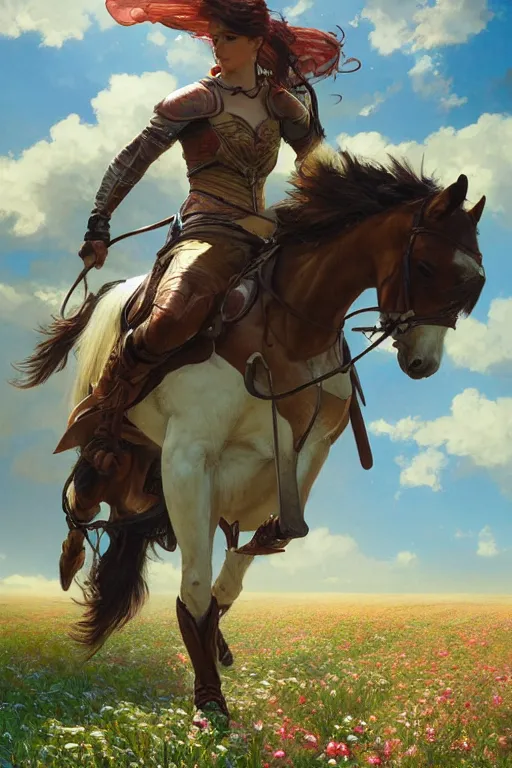 Image similar to fighter ridding a horse on a flower field, dragon, highly detailed, digital painting, artstation, concept art, smooth, sharp focus, illustration, art by artgerm and greg rutkowski and alphonse mucha and andrei riabovitchev