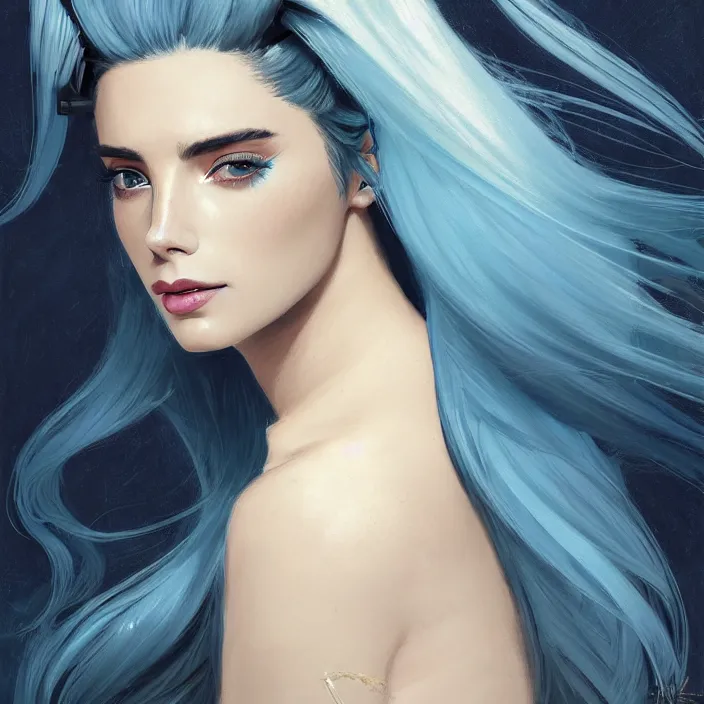 Image similar to portrait of a combination of Ashley Greene, Adriana Dxim, Grace Kelly and Lily Collins with blue hair wearing Warframe armor, countryside, calm, fantasy character portrait, dynamic pose, above view, sunny day, thunder clouds in the sky, artwork by Jeremy Lipkin and Giuseppe Dangelico Pino and Michael Garmash and Rob Rey and Greg Manchess and Huang Guangjian and Makoto Shinkai, very coherent asymmetrical artwork, sharp edges, perfect face, simple form, 100mm