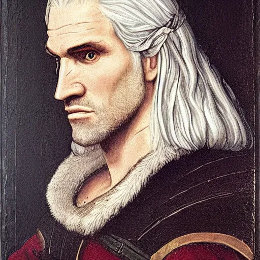 Image similar to a renaissance style portrait painting of Geralt de Rivia