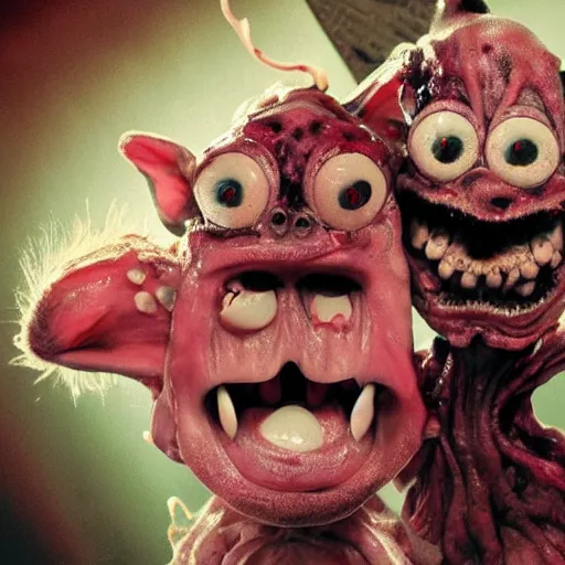 Prompt: b - grade horror film budget production a very strange creature made of cronenberg ren & stimpy