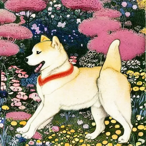 Image similar to akita inu dog wearing a floral kimono in a fanciful garden, by warwick goble and kay nielsen, highly detailed