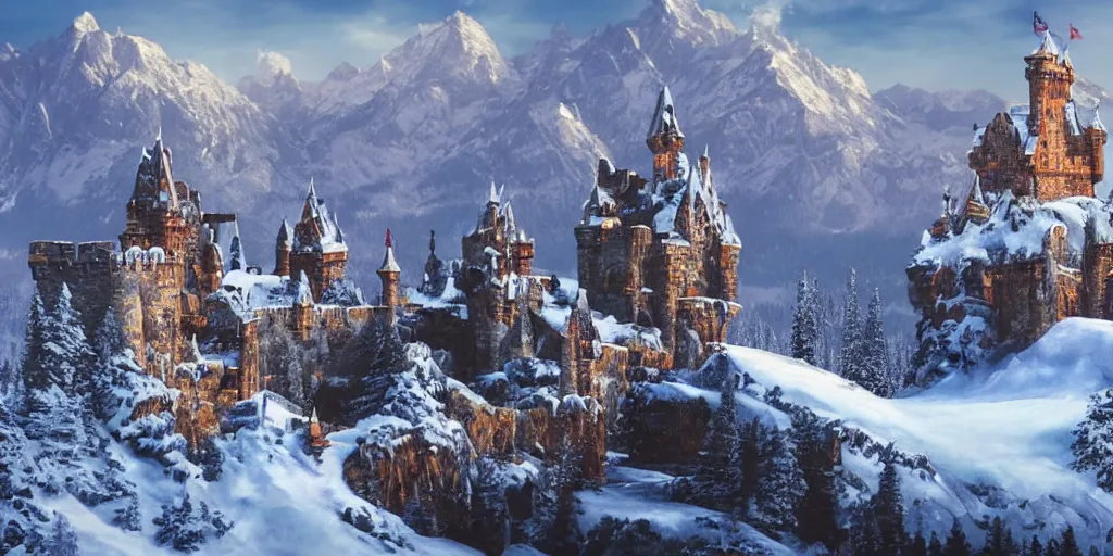 Prompt: a large castle amidst snowy mountain tops,lots of details,intricate,bridges,impossible,landscape,beautiful,a signpost on the foreground
