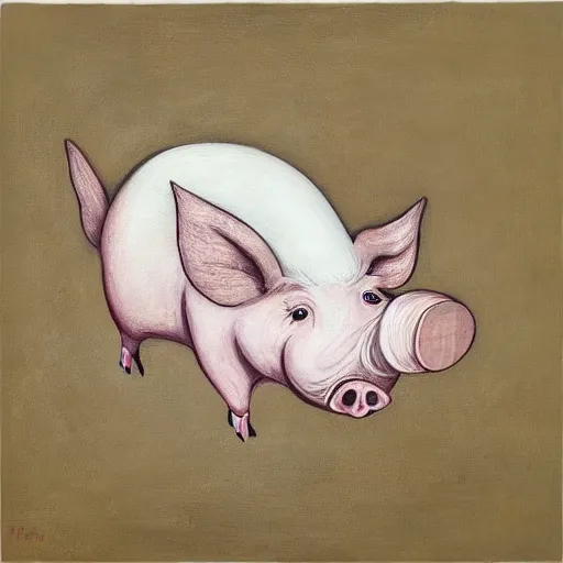 Image similar to “pig paintings and pig sculptures in a pig art gallery, pork, ikebana white flowers, white wax, squashed berries, acrylic and spray paint and oilstick on canvas, by munch and Dali”