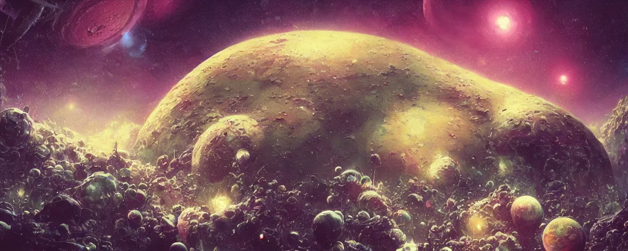 Prompt: ” outer planet covered with cream and larvae, [ art by paul lehr, cinematic, detailed, epic, widescreen, opening, establishing, mattepainting, photorealistic, realistic textures, octane render ] ”