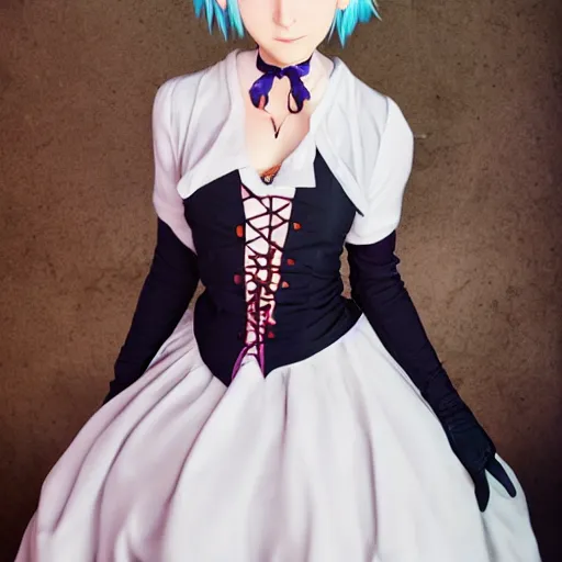 Prompt: candid photo of rem from re : zero, take by annie leibovitz