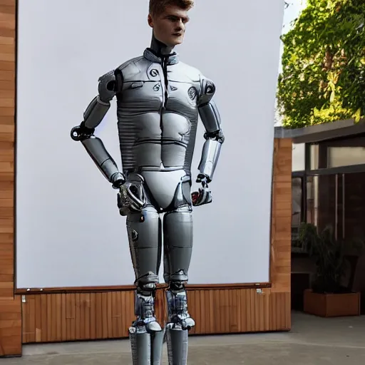 Image similar to a realistic detailed photo of a guy who is an attractive humanoid who is half robot and half humanoid, who is a male android, soccer player timo werner, shiny skin, posing like a statue, blank stare, by the pool, on display, showing off his muscles, humanoid robot, frozen ice statue, made of ice