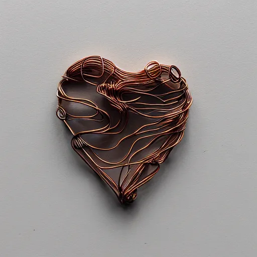 Image similar to a very beautiful tiny human heart organic sculpture made of copper wire and threaded pipes, very intricate, curved. studio lighting, high resolution, high quality, black background